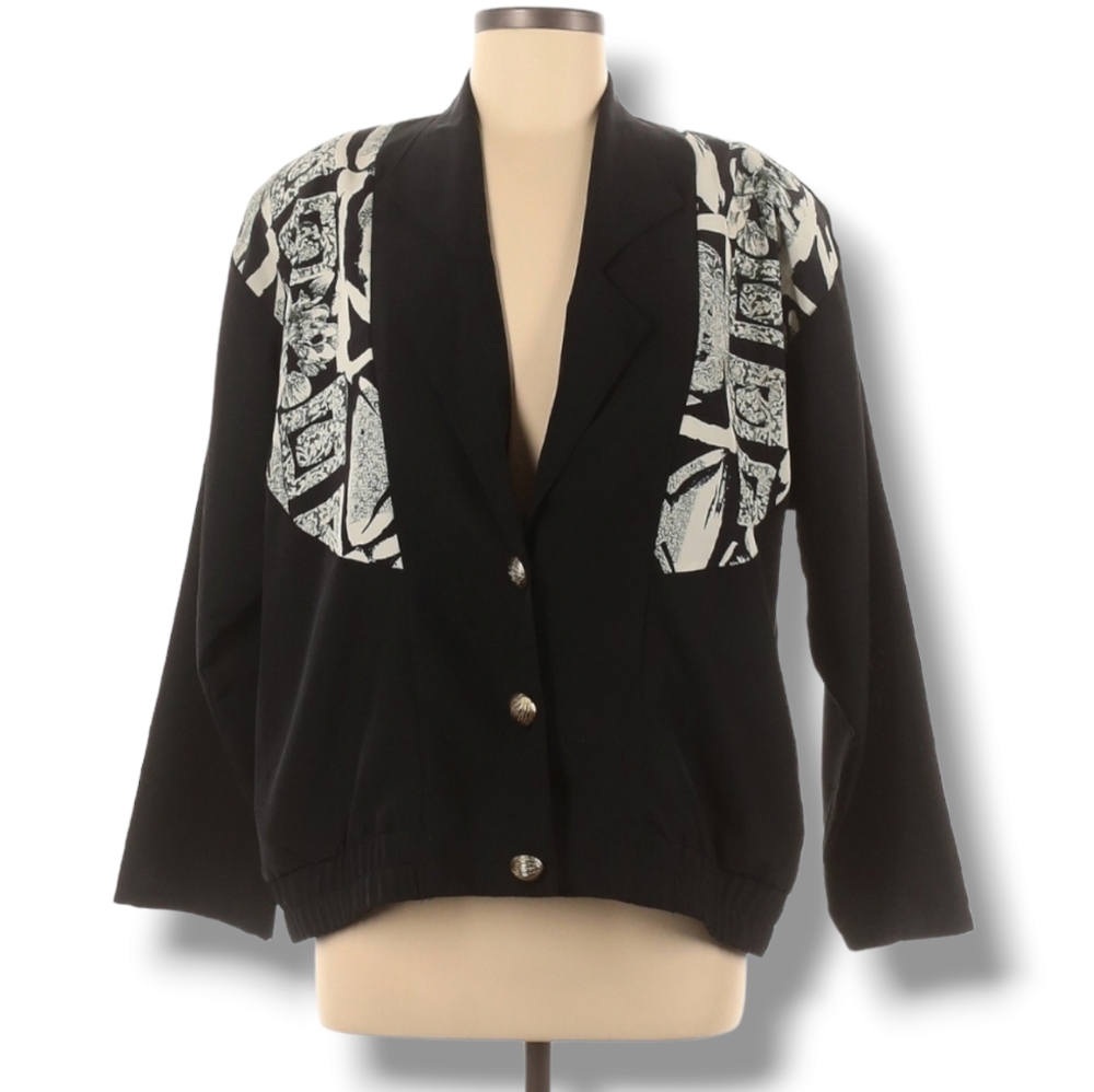 Vintage Matches Blazer Jacket Size 8 Black Oversized Elastic Waist Shoulder Pads